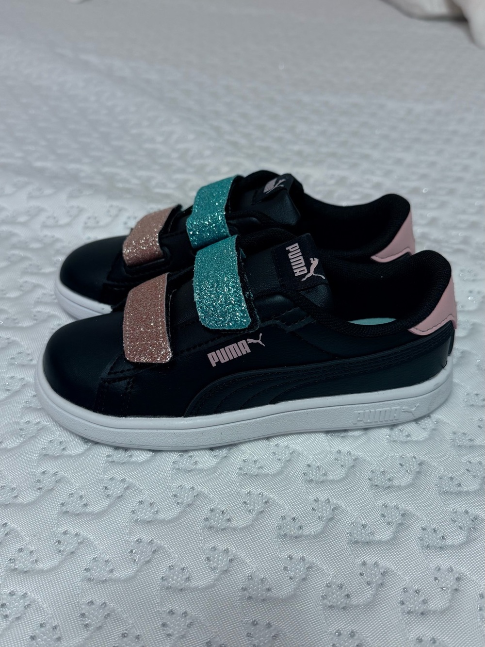 Puma Kids Black Sneakers with Pink Heel & Teal and Rose Glitter Straps